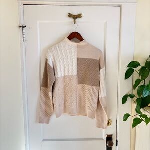 Patchwork Boxy Cable Knit Mock Neck Sweater - Beige/Cream M